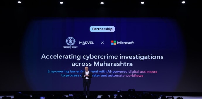 Satya Nadella in Mumbai, unveiling the MahaCrimeOS AI Satya Nadella in Mumbai, unveiling the MahaCrimeOS AI