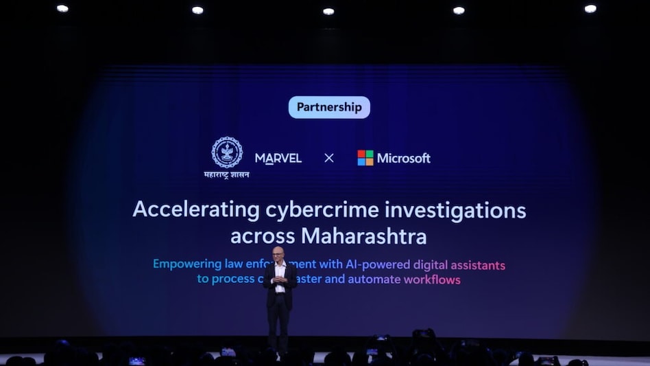 Satya Nadella in Mumbai, unveiling the MahaCrimeOS AI Satya Nadella in Mumbai, unveiling the MahaCrimeOS AI