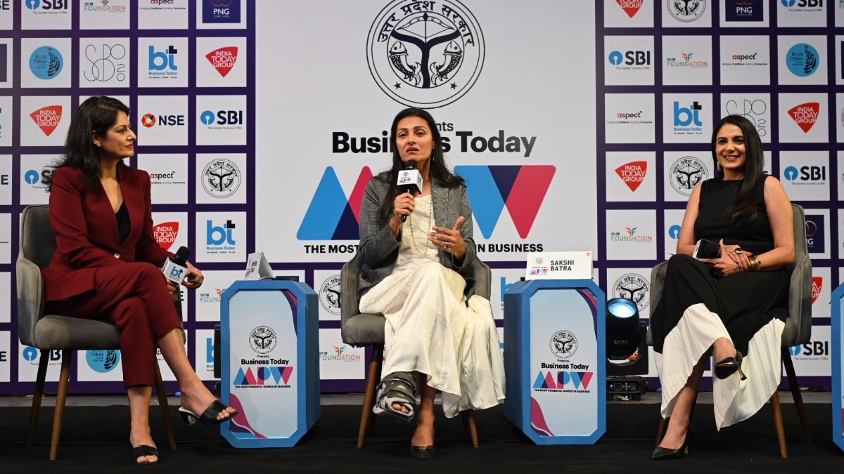 Ameera Shah, Executive Chairperson at Metropolis Healthcare, at MPW 2025 session ‘Ambition vs Biology', along with moderators Aabha Bakaya and Sakshi Batra.