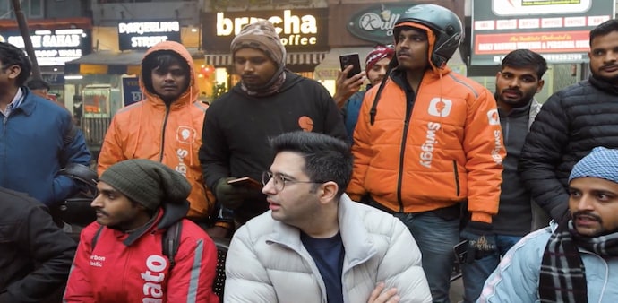 Raghav Chadha meets with delivery agents from Zomato, Swiggy, Blinkit Raghav Chadha meets with delivery agents from Zomato, Swiggy, Blinkit