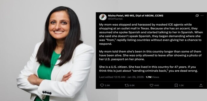 Indian-origin doctor claims masked ICE agents stopped her elderly US citizen mother at mall (Photo: X) Indian-origin doctor claims masked ICE agents stopped her elderly US citizen mother at mall (Photo: X)