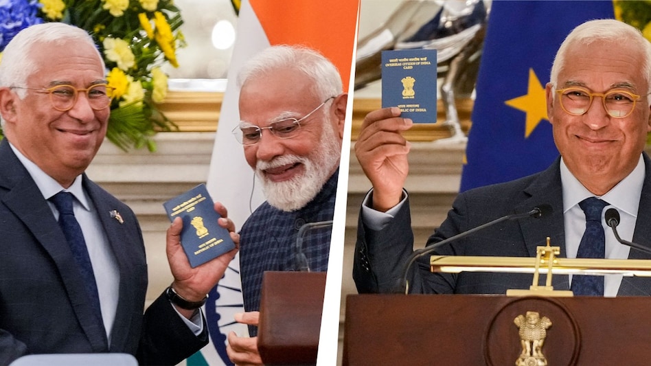 European Council President Antonio Costa holds out his OCI card European Council President Antonio Costa holds out his OCI card