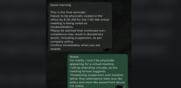 Boss asks Gen Z employee to come to office for online meeting, their reply is viral Boss asks Gen Z employee to come to office for online meeting, their reply is viral