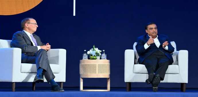Larry Fink, Mukesh Ambani during a fireside chat Larry Fink, Mukesh Ambani during a fireside chat