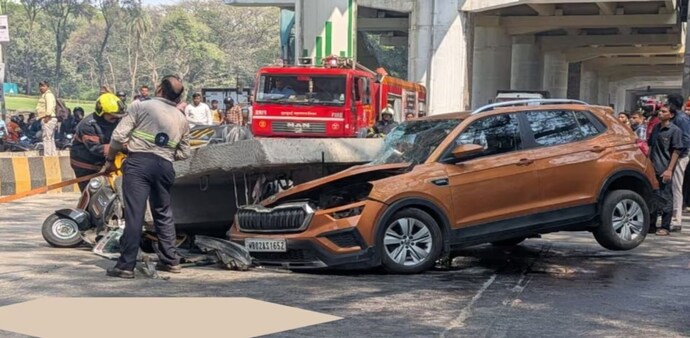 The incident occurred around 12:20 pm when a large concrete slab from the under-construction Mumbai Metro Line 4 structure came crashing down during ongoing work. The incident occurred around 12:20 pm when a large concrete slab from the under-construction Mumbai Metro Line 4 structure came crashing down during ongoing work.