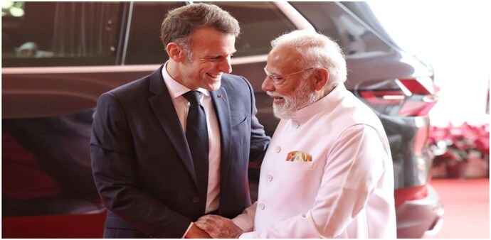 Earlier in the day, Modi said he was “delighted” to meet his “friend” Macron in Mumbai. Earlier in the day, Modi said he was “delighted” to meet his “friend” Macron in Mumbai.