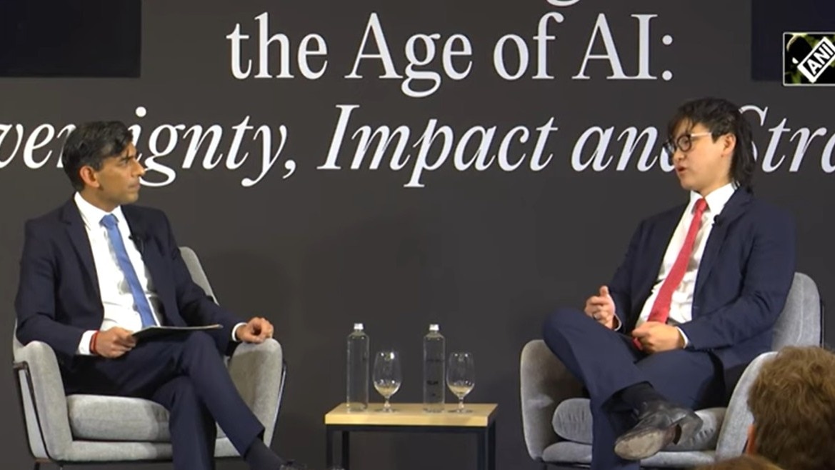 Former British prime minister Rishi Sunak and Meta’s Chief AI Officer Alexandr Wang at India AI Impact Summit in Delhi on Wednesday.