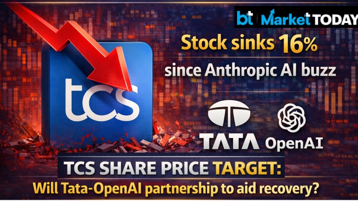 TCS shares price falls, IT stock in a downtrend. (Pic source: TCS and AI generated)