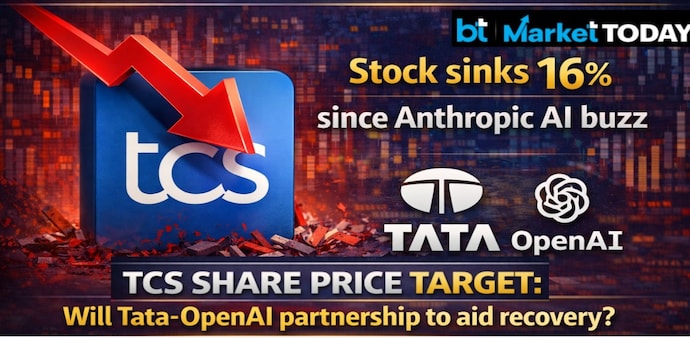 TCS shares price falls, IT stock in a downtrend. (Pic source: TCS and AI generated) TCS shares price falls, IT stock in a downtrend. (Pic source: TCS and AI generated)