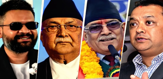 Top contenders for the Nepal general election are - Balendra Shah (extreme left), KP Sharma Oli, (second from left), Pushpa Kamal Dahal 'Prachanda' (third from left) and Gagan Thapa (extreme right). (Photo: Reuters and Wikimedia Commons) Top contenders for the Nepal general election are - Balendra Shah (extreme left), KP Sharma Oli, (second from left), Pushpa Kamal Dahal 'Prachanda' (third from left) and Gagan Thapa (extreme right). (Photo: Reuters and Wikimedia Commons)