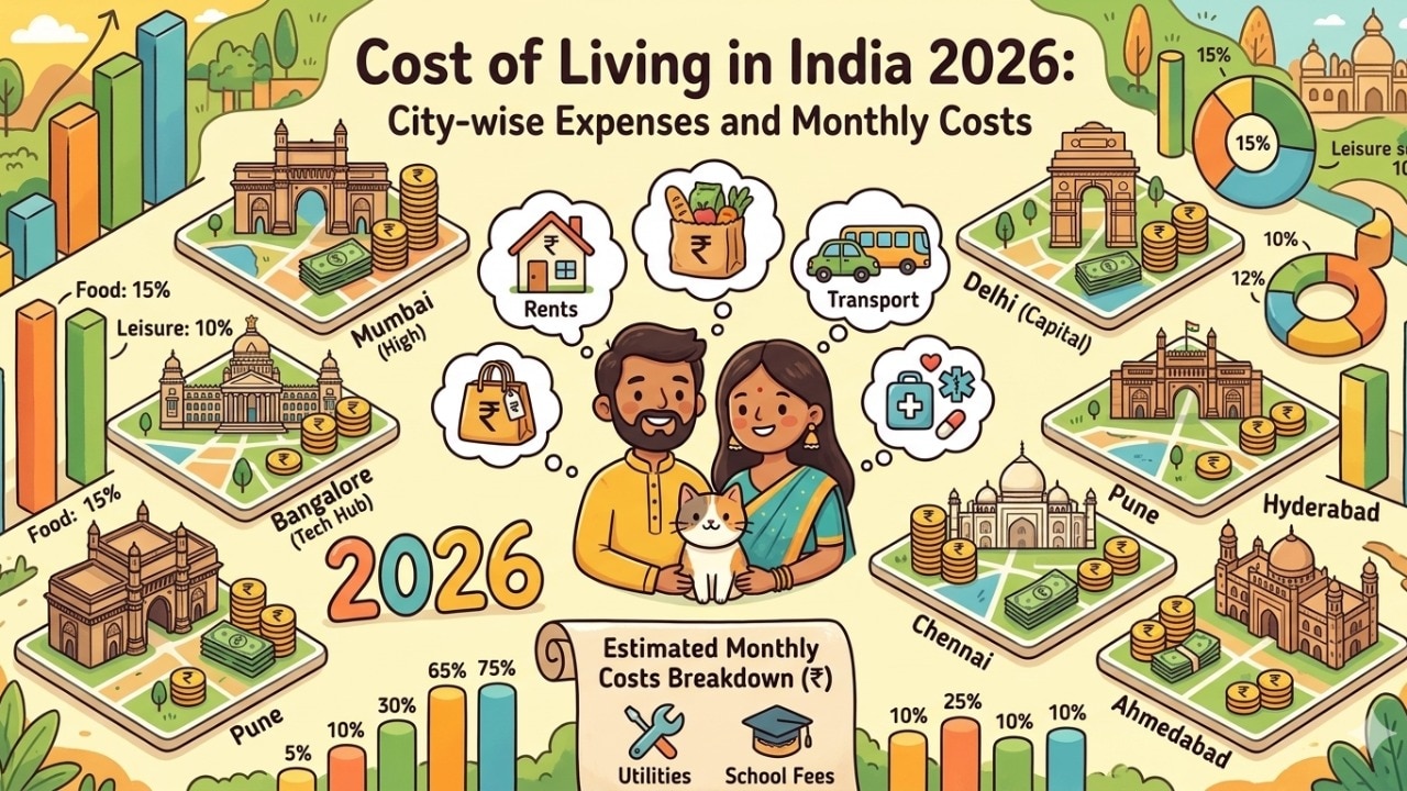 Cost of living in India 2026 explained with city-wise comparison, monthly expenses, rent and daily costs. Find how much you need to live comfortably in Mumbai, Delhi and other cities.