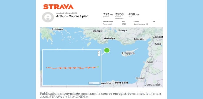 36-minute Strava workout reveals French aircraft carrier position in Mediterranean sea (X/@clashreport) 36-minute Strava workout reveals French aircraft carrier position in Mediterranean sea (X/@clashreport)
