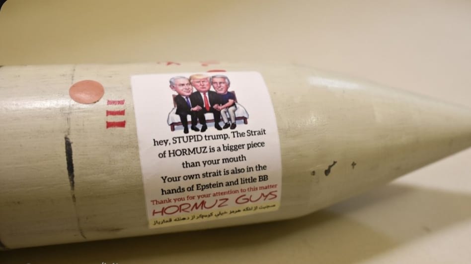 The poster featured Trump sandwiched between 'Little Bibi', aka Netanyahu, and late sex offender Jeffrey Epstein. The poster featured Trump sandwiched between 'Little Bibi', aka Netanyahu, and late sex offender Jeffrey Epstein.