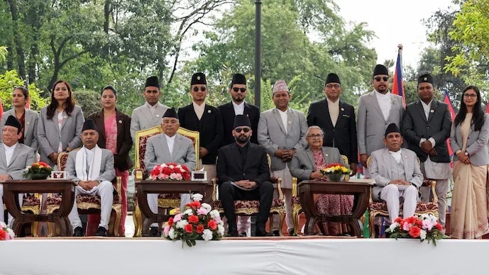Nepal's newly appointed PM Balendra Shah and his newly sworn-in cabinet of ministers. (Reuters)