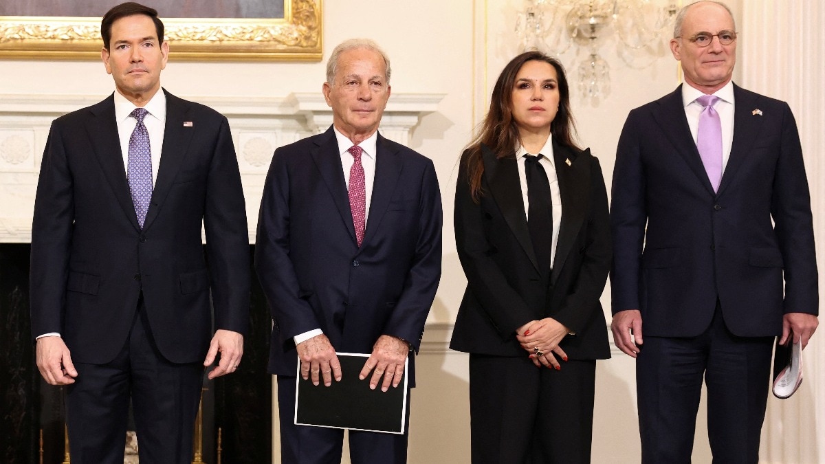 U.S. Secretary of State Marco Rubio, U.S. Ambassador to Lebanon Michel Issa, Lebanon Ambassador to the U.S. Nada Hamadeh Moawad and Israel Ambassador to the U.S. Yechiel Leiter pose for a photo before their meeting at the State Department in Washington