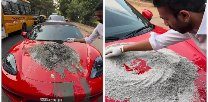 The viral footage shows Hemadri meticulously mixing materials on the car’s bonnet before applying the patch to the broken pavement. The viral footage shows Hemadri meticulously mixing materials on the car’s bonnet before applying the patch to the broken pavement.