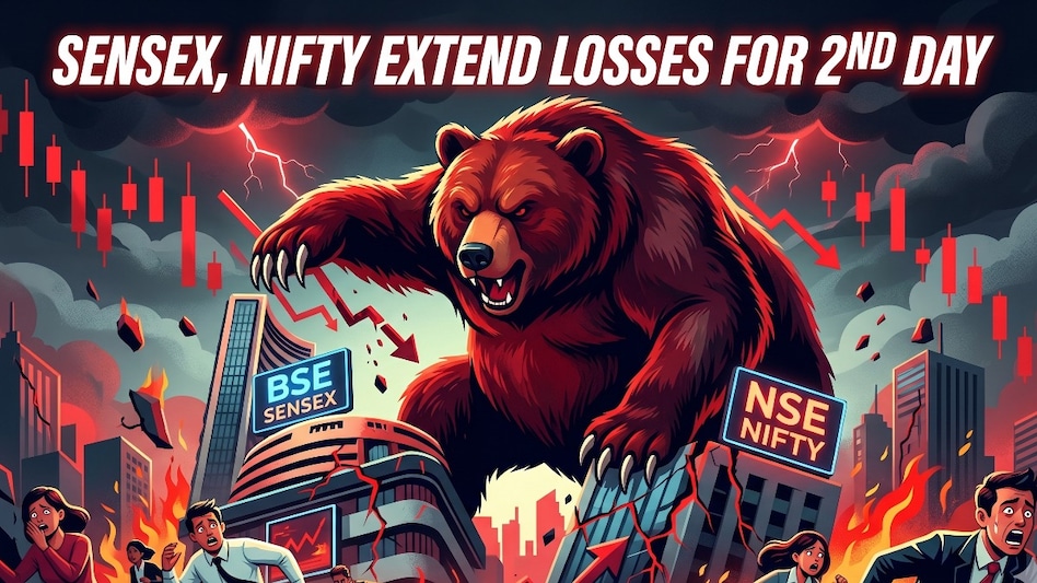 Five stocks, namely HDFC Bank, ICICI Bank, Reliance Industries, Infosys and M&M, contributed largely to the Sensex’s decline. (Image: AI generated Five stocks, namely HDFC Bank, ICICI Bank, Reliance Industries, Infosys and M&M, contributed largely to the Sensex’s decline. (Image: AI generated