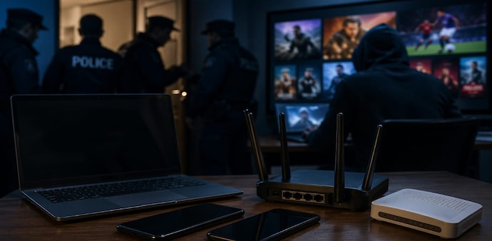 During the raid, authorities reportedly seized digital equipment used in the piracy setup, including a laptop, two mobile phones, a router and a modem During the raid, authorities reportedly seized digital equipment used in the piracy setup, including a laptop, two mobile phones, a router and a modem