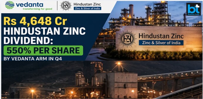 According to the filing, the board approved the first interim dividend of Rs 11 per equity share on face value of Rs 2 per share for the financial year 2026-27, amounting to Rs 4648 crore. (Pic: Hind Zinc, Vedanta logo) According to the filing, the board approved the first interim dividend of Rs 11 per equity share on face value of Rs 2 per share for the financial year 2026-27, amounting to Rs 4648 crore. (Pic: Hind Zinc, Vedanta logo)
