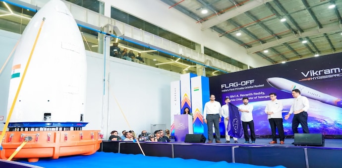 The flag-off ceremony, held at Skyroot’s Max-Q campus in Hyderabad, was led by Telangana Chief Minister A Revanth Reddy, alongside state minister D Sridhar Babu. The flag-off ceremony, held at Skyroot’s Max-Q campus in Hyderabad, was led by Telangana Chief Minister A Revanth Reddy, alongside state minister D Sridhar Babu.