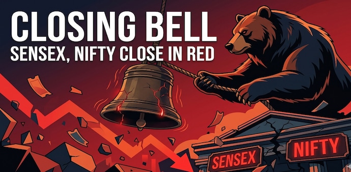 At close, the Sensex slipped 582.86 points, or 0.75 per cent, to settle at 76,913.50, while the Nifty declined 180.10 points, or 0.74 per cent, to close at 23,997.55. (Image: AI generated) At close, the Sensex slipped 582.86 points, or 0.75 per cent, to settle at 76,913.50, while the Nifty declined 180.10 points, or 0.74 per cent, to close at 23,997.55. (Image: AI generated)