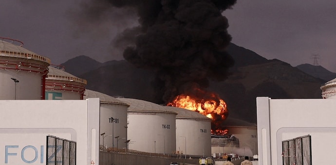 Fire and smoke rise in the Fujairah oil industry zone, caused by debris after interception of a drone by air defenses. (File Photo: Reuters) Fire and smoke rise in the Fujairah oil industry zone, caused by debris after interception of a drone by air defenses. (File Photo: Reuters)