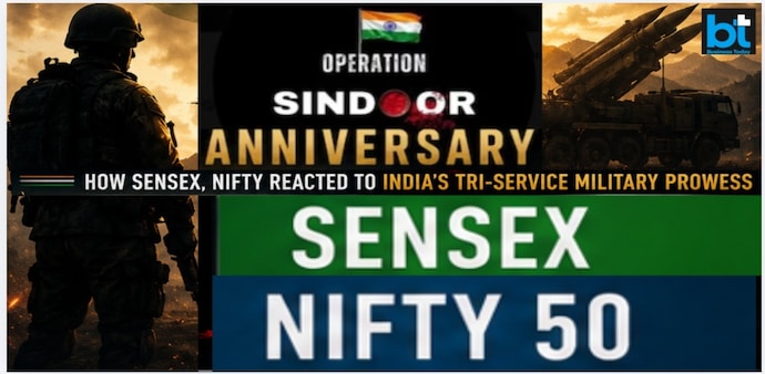 Sensex slipped 1187 points or 1.47% during the four day operation Sindoor from May 7 to May 10. Pic source: (PM Modi X, AI collage) Sensex slipped 1187 points or 1.47% during the four day operation Sindoor from May 7 to May 10. Pic source: (PM Modi X, AI collage)