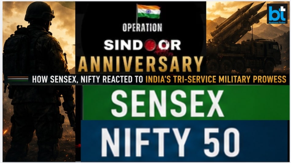 Sensex slipped 1187 points or 1.47% during the four day operation Sindoor from May 7 to May 10. Pic source: (PM Modi X, AI collage) Sensex slipped 1187 points or 1.47% during the four day operation Sindoor from May 7 to May 10. Pic source: (PM Modi X, AI collage)