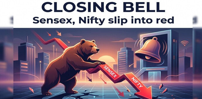 Closing Bell: At close, the Sensex declined 114 points, or 0.15 per cent, to settle at 77,844.52, falling 540 points from the day's high of 78,384.70. (Image: AI generated) Closing Bell: At close, the Sensex declined 114 points, or 0.15 per cent, to settle at 77,844.52, falling 540 points from the day's high of 78,384.70. (Image: AI generated)