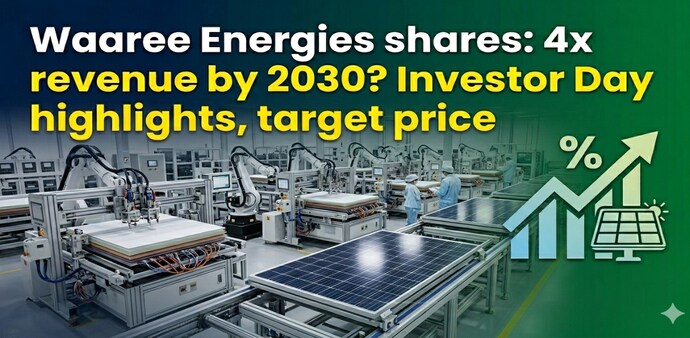 On Friday, Waaree Energies shares were trading 1.64 per cent higher at Rs 3,279.60 apiece. The scrip hit a high of Rs 3,288 earlier today. (Pic: AI generated for representational purposes only). On Friday, Waaree Energies shares were trading 1.64 per cent higher at Rs 3,279.60 apiece. The scrip hit a high of Rs 3,288 earlier today. (Pic: AI generated for representational purposes only).