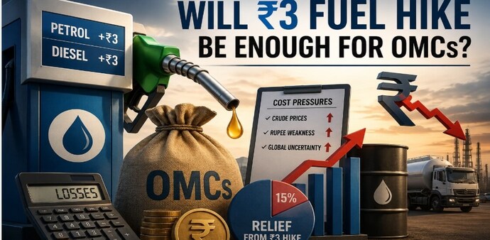 SBI estimates the ₹3 fuel hike gives OMCs a ₹477 per barrel benefit, but a further ₹2 fall in the rupee could erase those gains by increasing crude import costs. SBI estimates the ₹3 fuel hike gives OMCs a ₹477 per barrel benefit, but a further ₹2 fall in the rupee could erase those gains by increasing crude import costs.