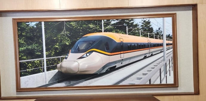 Picture of India's first proposed bullet train has been put on display at Gate Number 4 of the Ministry of Railways Picture of India's first proposed bullet train has been put on display at Gate Number 4 of the Ministry of Railways