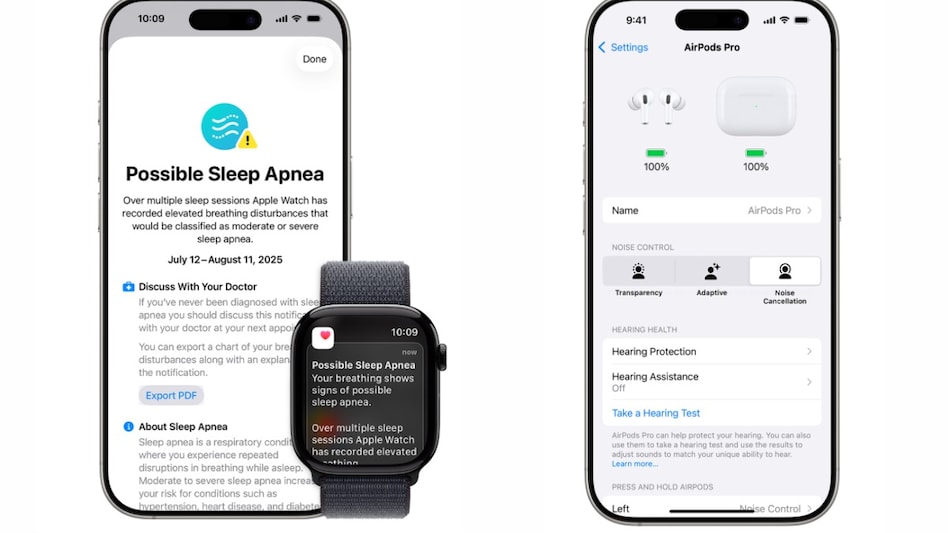 Sleep Apnea feature on Apple Watch analyses breathing patterns, whereas hearing test feature on AirPods Pro detect possible hearing loss.. Sleep Apnea feature on Apple Watch analyses breathing patterns, whereas hearing test feature on AirPods Pro detect possible hearing loss..