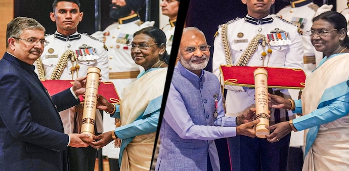 Uday Kotak and Satyanarayan Nuwal receiving the Padma awards from President Murmu Uday Kotak and Satyanarayan Nuwal receiving the Padma awards from President Murmu