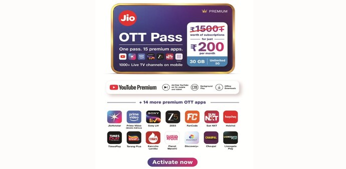 The Rs 200 OTT pass is a single 28-day pack that includes 15 premium OTT apps, over 1,000 live TV channels, and more. The Rs 200 OTT pass is a single 28-day pack that includes 15 premium OTT apps, over 1,000 live TV channels, and more.