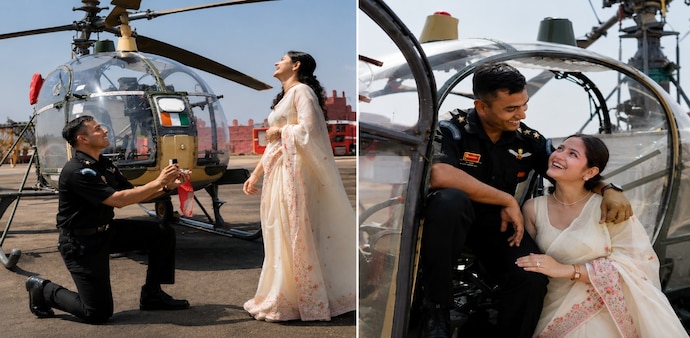 The video showed the officer leading her towards a stationary Cheetah helicopter before going down on one knee and presenting a ring. The video showed the officer leading her towards a stationary Cheetah helicopter before going down on one knee and presenting a ring.