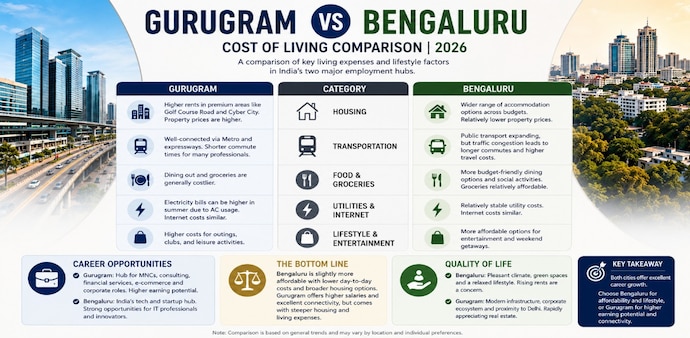 The report compares living costs in Gurugram and Bengaluru for 2026. The report compares living costs in Gurugram and Bengaluru for 2026.