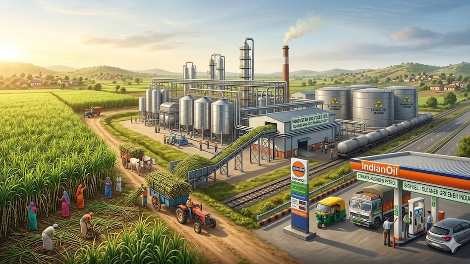 But before ethanol reaches a petrol pump, it passes through a 10-step journey that begins in India's sugarcane fields. But before ethanol reaches a petrol pump, it passes through a 10-step journey that begins in India's sugarcane fields.