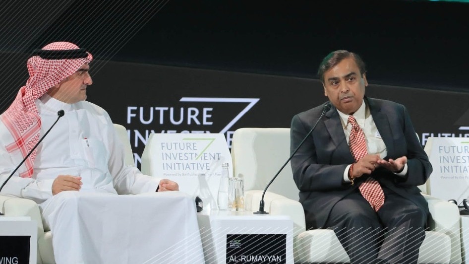 A file photo of Yasir Othman H. Al-Rumayyan with Chairman & Managing Director of Reliance Industries Mukesh Ambani.