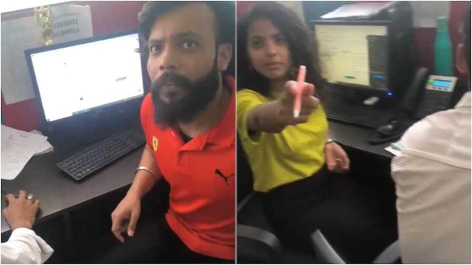 At the beginning of the video the employee points the camera at a female HR executive At the beginning of the video the employee points the camera at a female HR executive