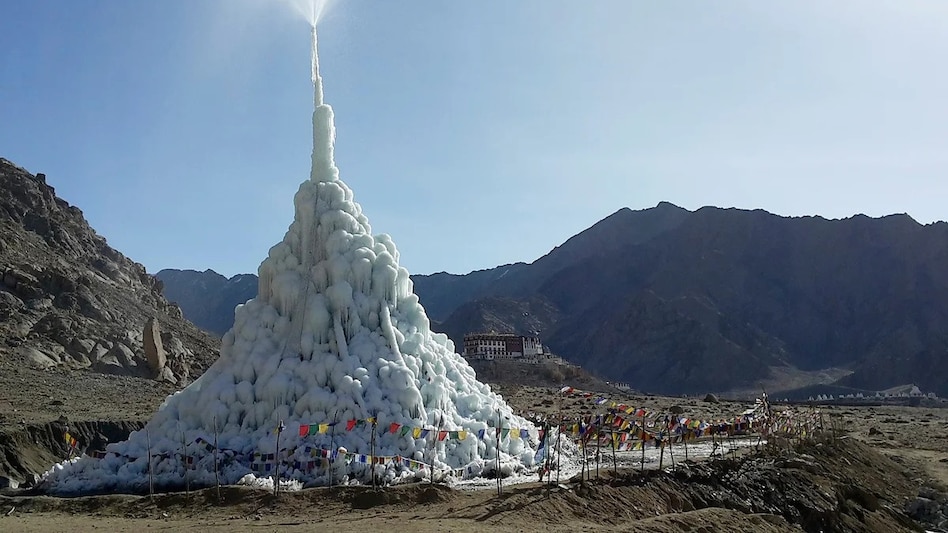 The ice stupa acts as a frozen reservoir to support farming in Ladakh. The ice stupa acts as a frozen reservoir to support farming in Ladakh.