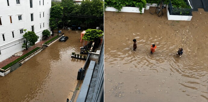 Heavy monsoon rain submerged roads across Gurgaon within two hours, leaving commuters stranded. Heavy monsoon rain submerged roads across Gurgaon within two hours, leaving commuters stranded.