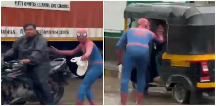 Maharashtra man becomes SpiderMan to help commuters stranded on flooded road Maharashtra man becomes SpiderMan to help commuters stranded on flooded road