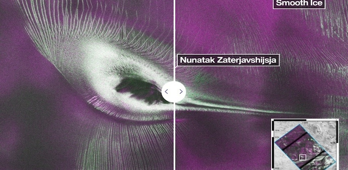 The image's colours come from radar data, with magenta indicating smooth ice surfaces and green highlighting rough, crevasse-filled terrain. The image's colours come from radar data, with magenta indicating smooth ice surfaces and green highlighting rough, crevasse-filled terrain.