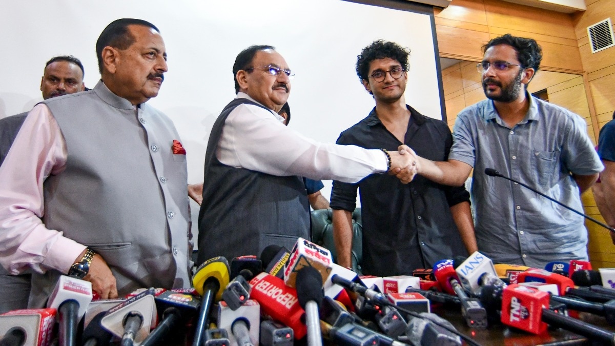 Union Minister JP Nadda with MoS Jitendra Singh and CJP Spokespersons Saurav Das and Ashutosh Ranka, during a joint press conference after Education Minister Dharmendra Pradhan resigned from the Union Cabinet. (PTI)