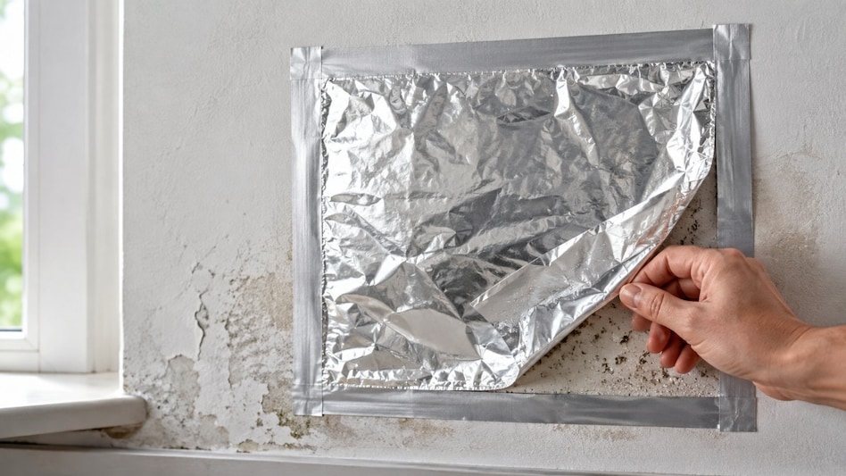 Cut a piece of aluminum foil that is large enough to cover the suspected area. Press it firmly and evenly against the wall. Cut a piece of aluminum foil that is large enough to cover the suspected area. Press it firmly and evenly against the wall.