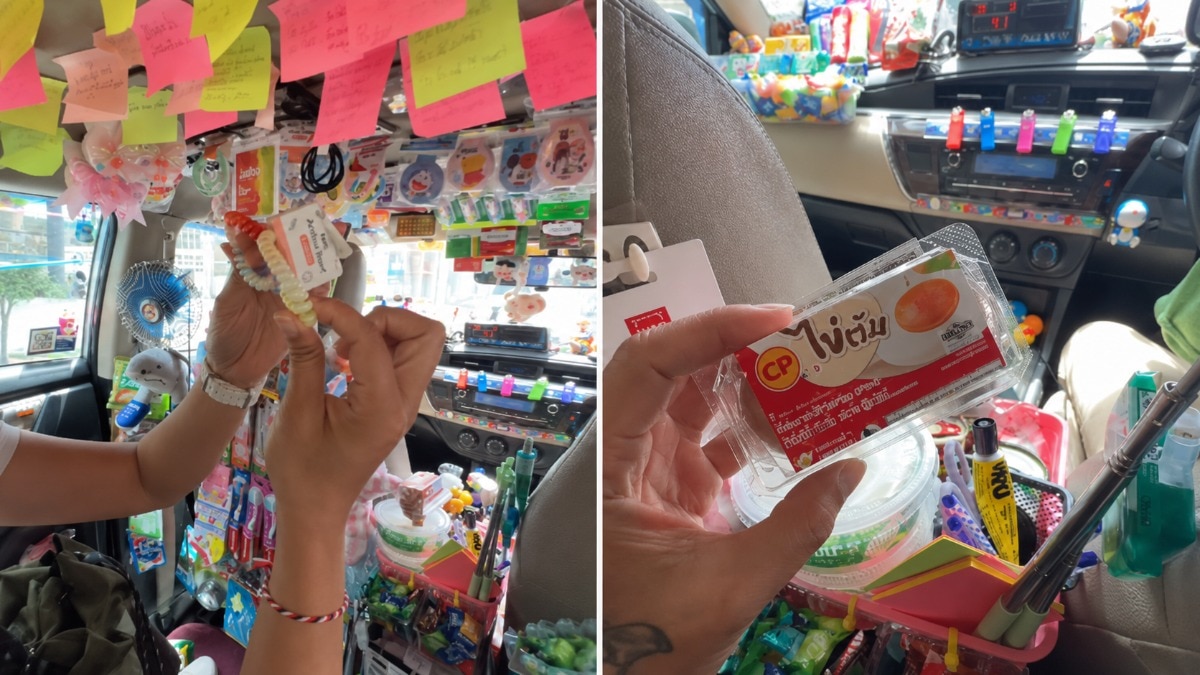 The variety of items makes the taxi feel less like a regular cab and more like what one passenger describes as a ‘mini mart’.