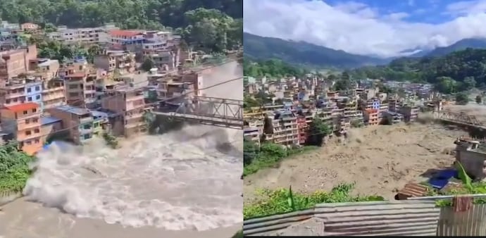 Footage from Trishuli Bazar shows residents standing near homes partially submerged in muddy floodwater. Footage from Trishuli Bazar shows residents standing near homes partially submerged in muddy floodwater.