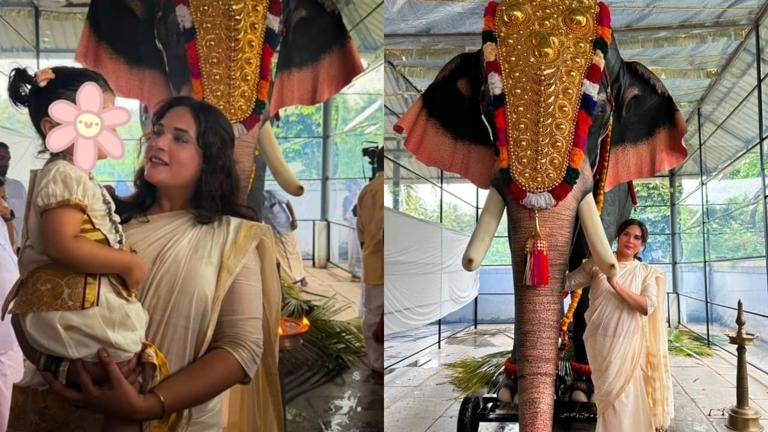 Richa Chadha celebrates Onam with daughter Zuneyra in Kerala, gifts life-size mechanical elephant to temple