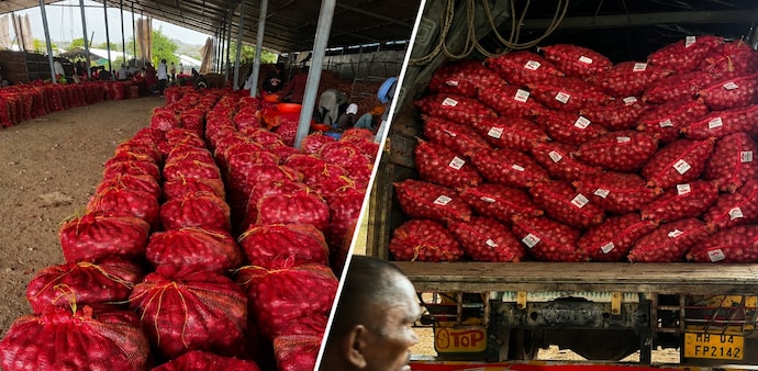 The first Kanda Express carrying onions has left Nashik for New Delhi, while more than 15 trucks are scheduled to transport consignments to over 10 destinations The first Kanda Express carrying onions has left Nashik for New Delhi, while more than 15 trucks are scheduled to transport consignments to over 10 destinations